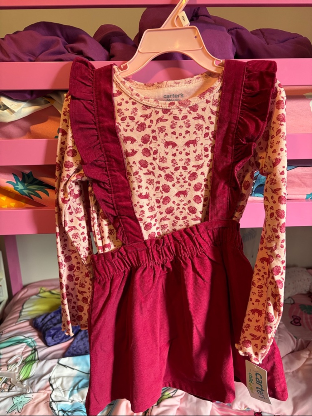 Carter's Burgundy Ruffle Pinafore with Pink Floral Top